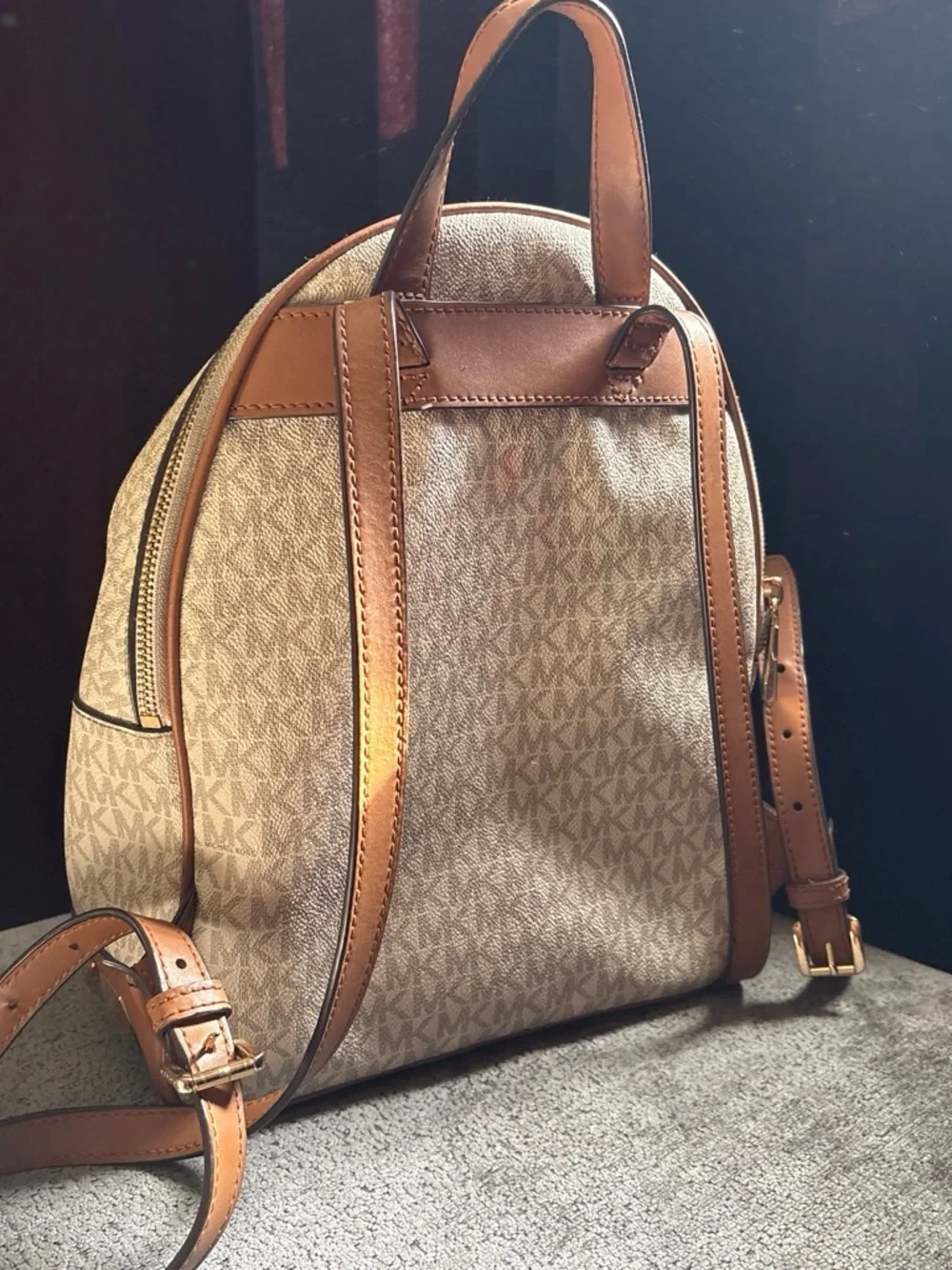 Michael Kors Signature MK Monogram Beige and Brown Studded Backpack